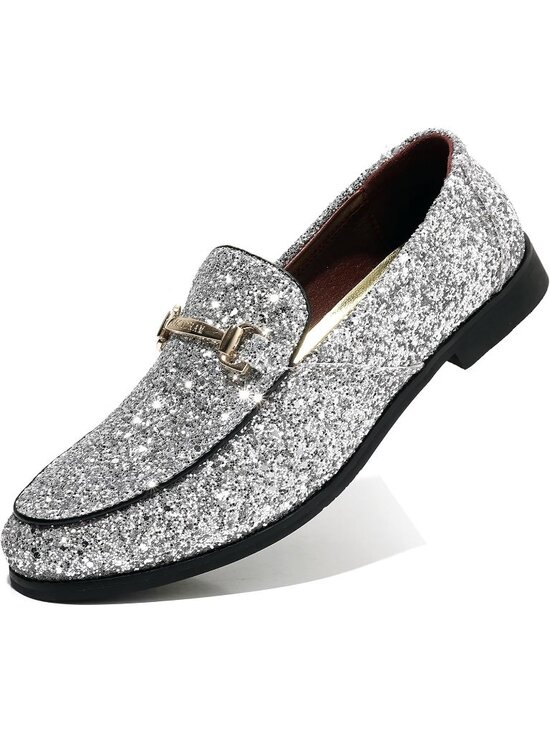 Men\'s Silver Rubber Sole Glitter Sequins Loafers Tuxedo Gold Buckle Luxury Shoes main image 4
